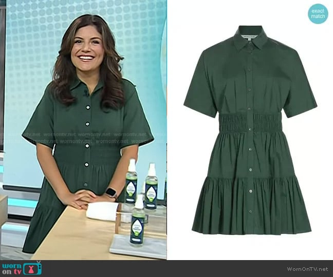 Veronica Beard Greta Short-Sleeve Button-Front Mini Dress in Forest worn by Adrianna Barrionuevo Brach on Today