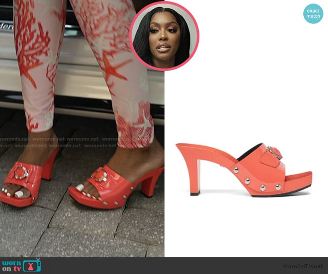 Versace Medusa Buckle 60mm patent leather clogs worn by Porsha Williams on The Real Housewives of Atlanta