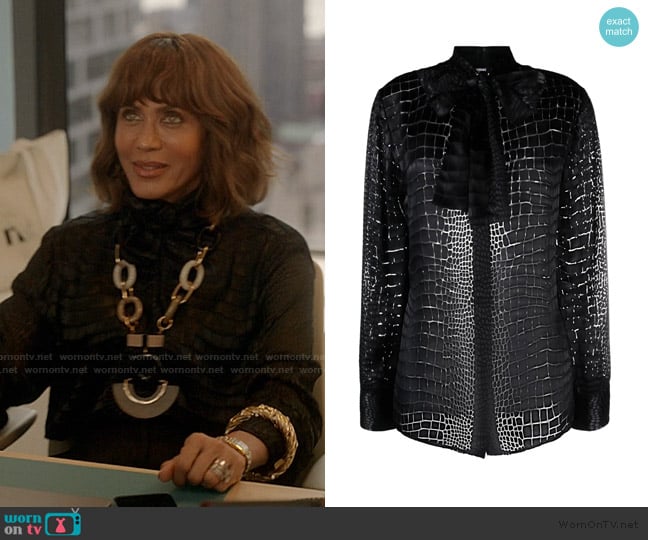 Versace Croc-effect scarf-tie blouse worn by Lisa Todd Wexley (Nicole Ari Parker) on And Just Like That