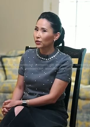 Vicky's grey embellished short sleeve sweater on NBC News Daily