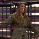 Victoria Monet’s khaki jacket and mini skirt on The Kelly Clarkson Show