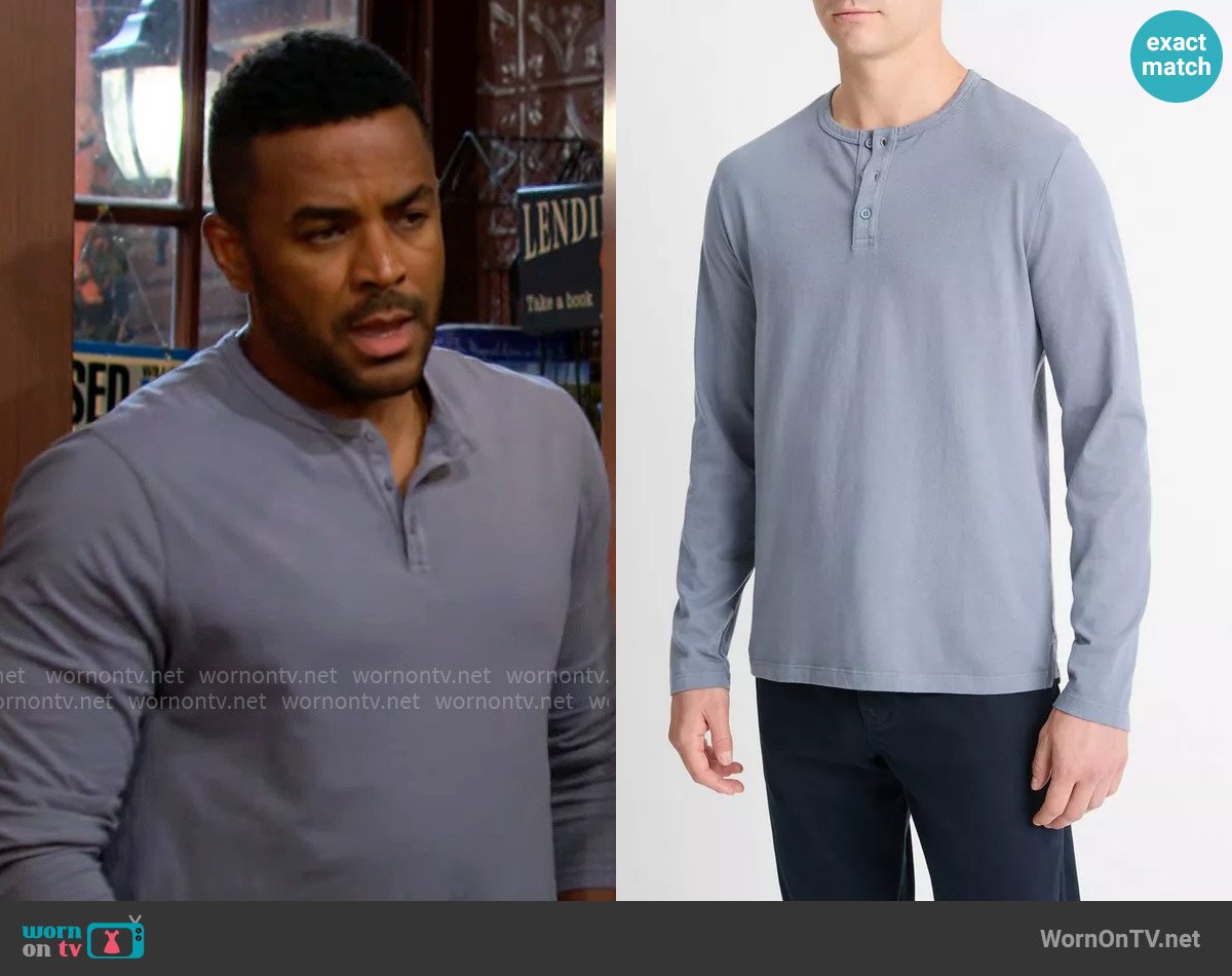 Vince Garment Dye Cotton Long-Sleeve Henley in Washed Evening Mist worn by Nate Hastings (Sean Dominic) on The Young and the Restless