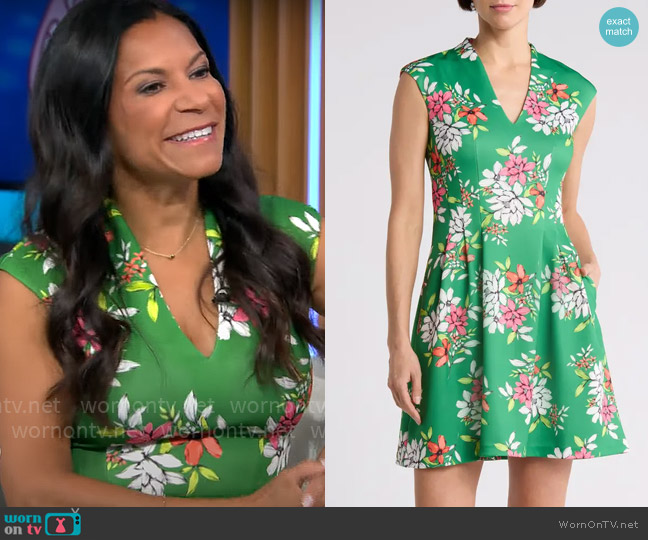 Vince Camuto Floral Scuba Knit Fit & Flare Dress in Green worn by Sheryl Ziegler on CBS Mornings