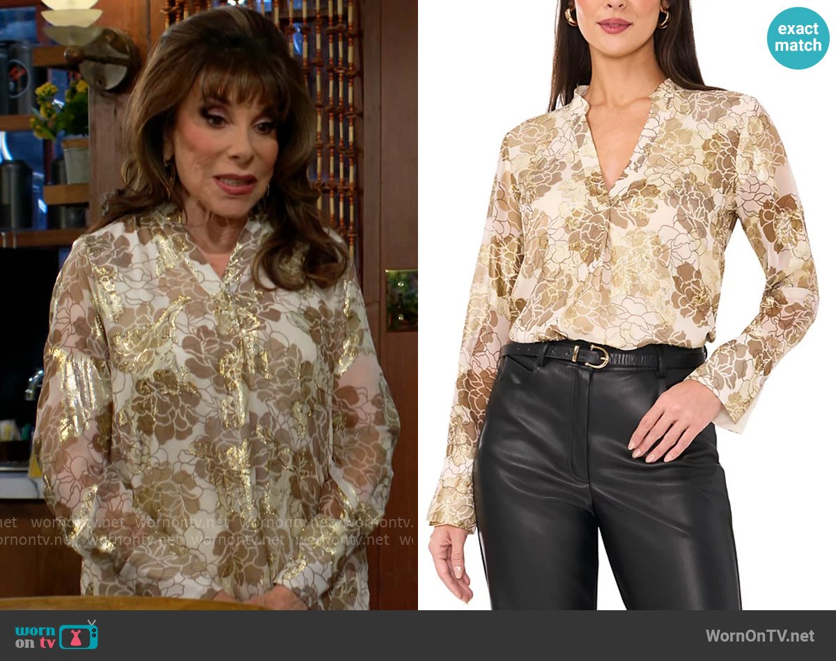 Vince Camuto Metallic-Print Split-Neck Bell-Sleeve Top worn by Esther Valentine (Kate Linder) on The Young and the Restless
