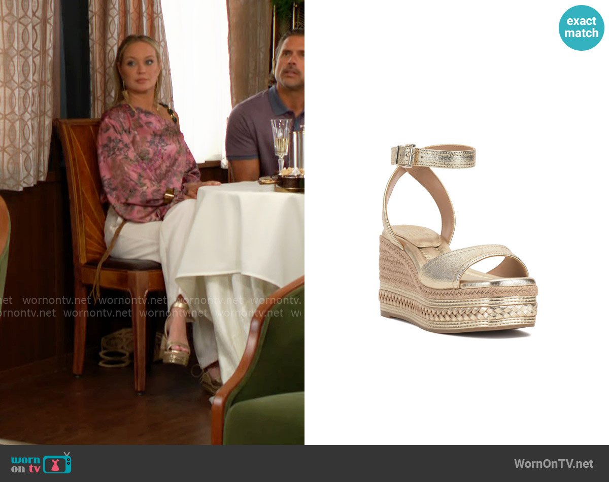 Vince Camuto Lilla Wedge Sandals in Egyptian Gold worn by Sharon Newman (Sharon Case) on The Young and the Restless
