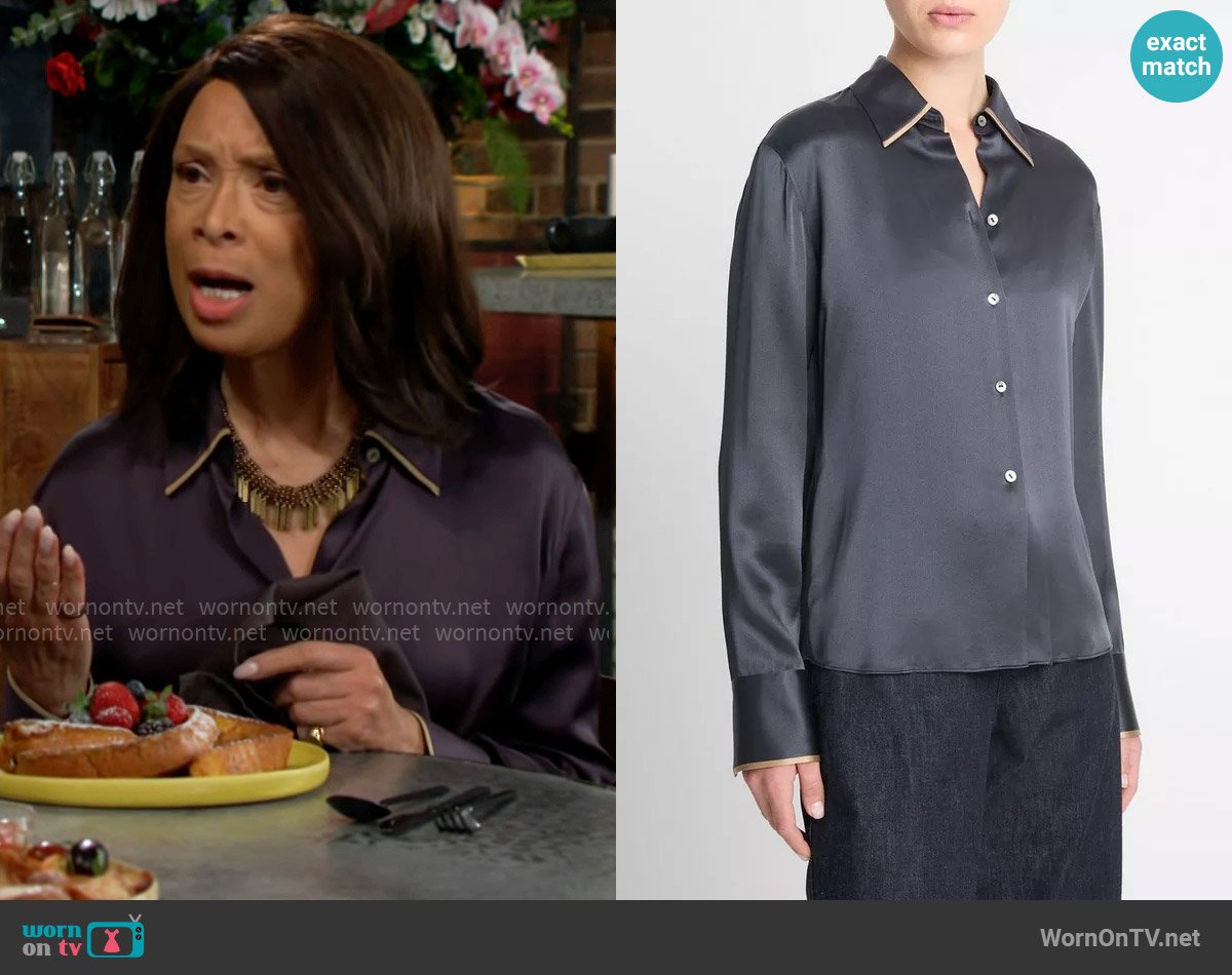 Vince Silk Tipped Slim Blouse in Graphite Rye worn by Amy Lewis (Valarie Pettiford) on The Young and the Restless