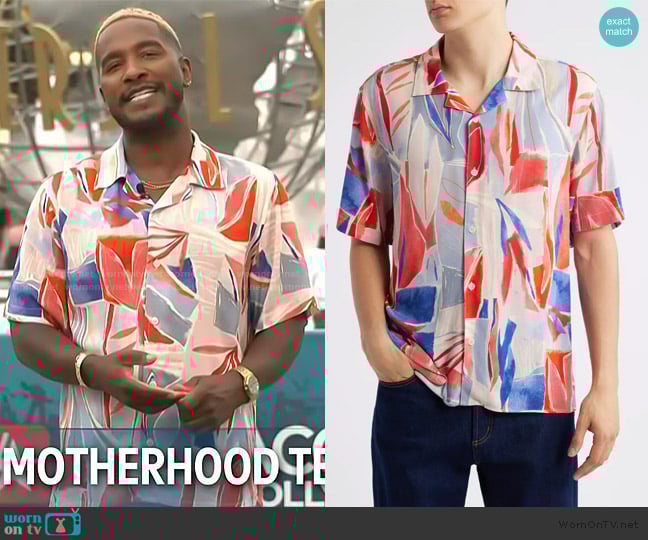Wax London Didcot Leaf Print Camp Shirt worn by Scott Evans on Access Hollywood