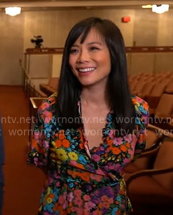Weijia Jiang's floral wrap top on CBS Mornings