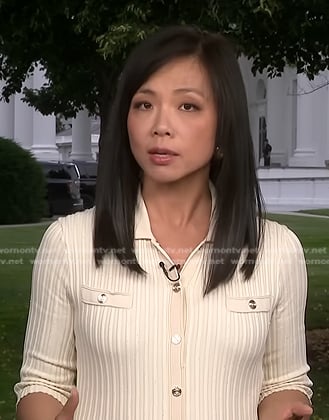 Weijia Jiang’s ivory ribbed dress on CBS Evening News
