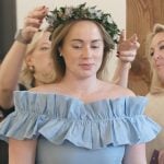 Whitney’s blue ruffle off shoulder dress on The Secret Lives of Mormon Wives