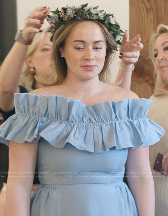 Whitney’s blue ruffle off shoulder dress on The Secret Lives of Mormon Wives