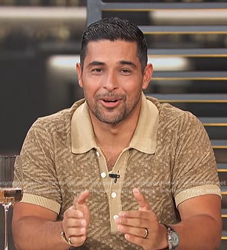 Wilmer Valderrama’s beige print knit polo on Access Hollywood