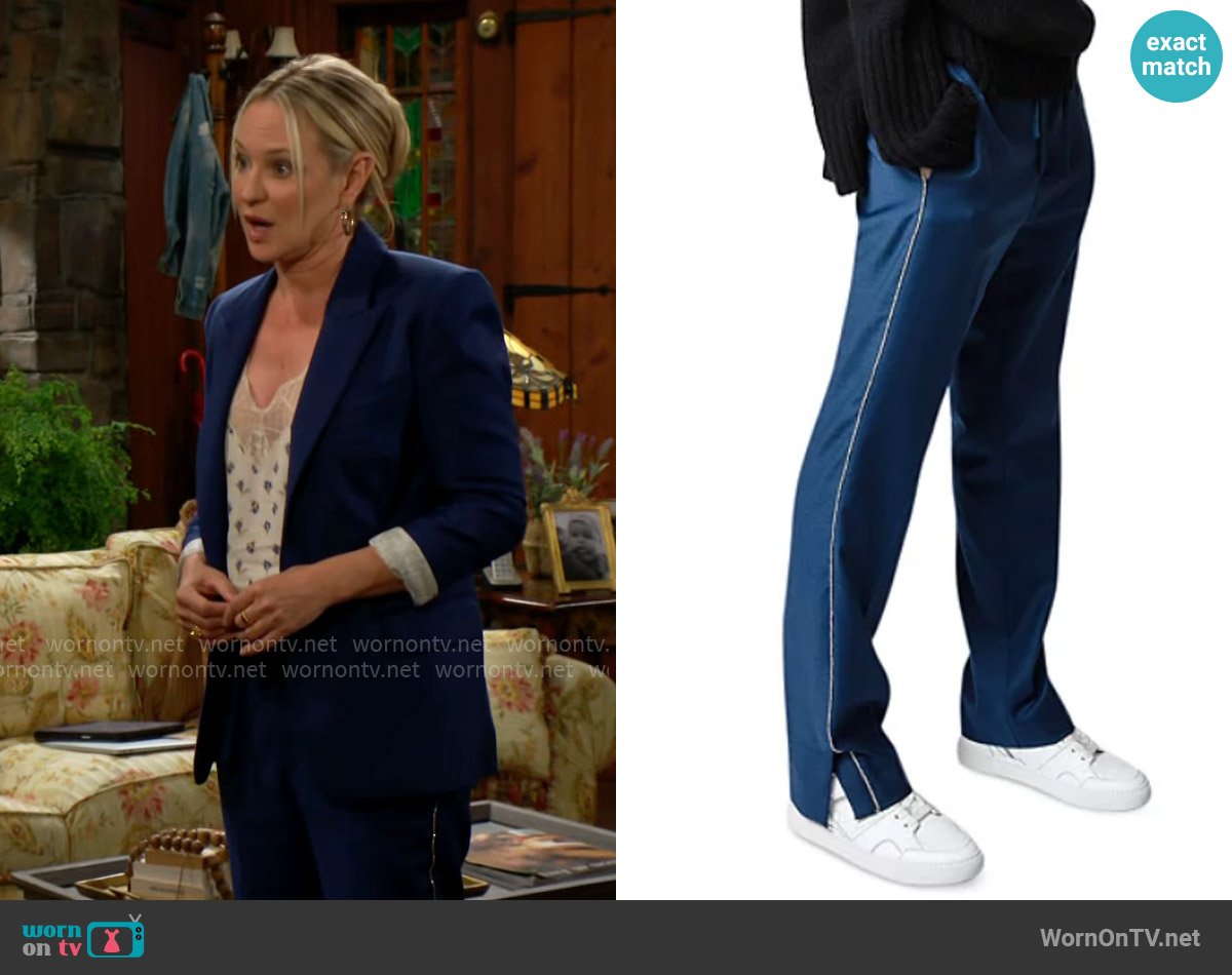 Zadig & Voltaire Pera Pants in Blueberry worn by Sharon Newman (Sharon Case) on The Young and the Restless