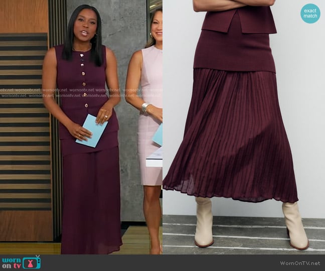 Zara Mixed Pleated Knit Skirt in Burgundy worn by Rachel Scott on Good Morning America