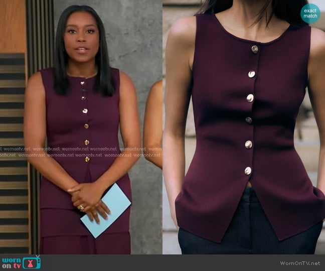 Zara Knit Waistcoat Top with Gold Buttons in Burgundy worn by Rachel Scott on Good Morning America