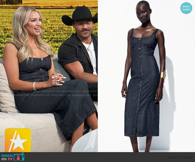 Zara Z1975 Strappy Denim Midi Dress worn by Calah Jackson on Access Hollywood