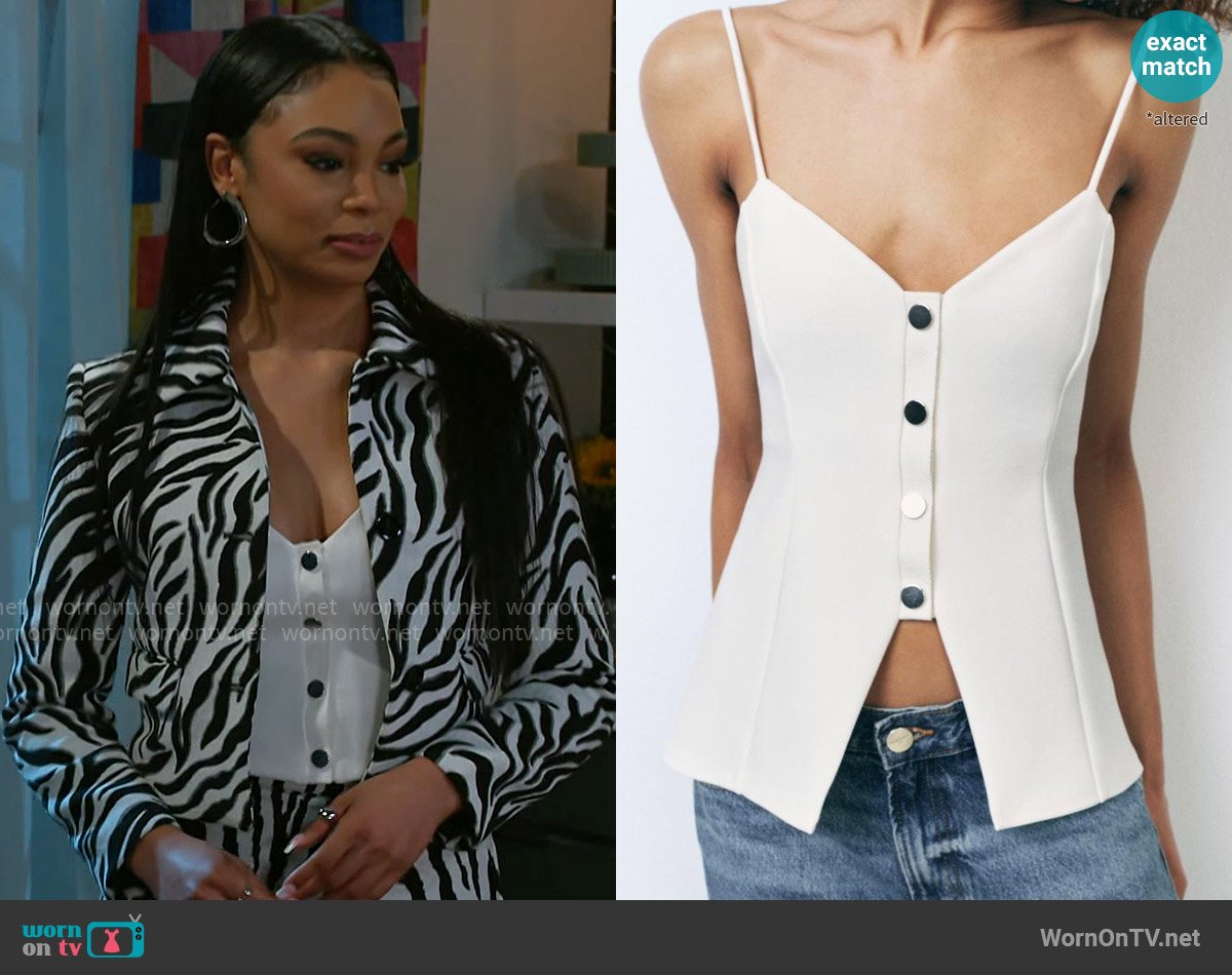 Chelsea’s white button front top on Beyond the Gates