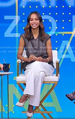 Zoe Saldaña's grey organza top and white pants on Good Morning America