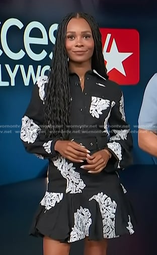 Zuri’s black embroidered belted shirtdress on Access Hollywood