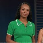 Zuri’s green crochet knit polo on Access Hollywood