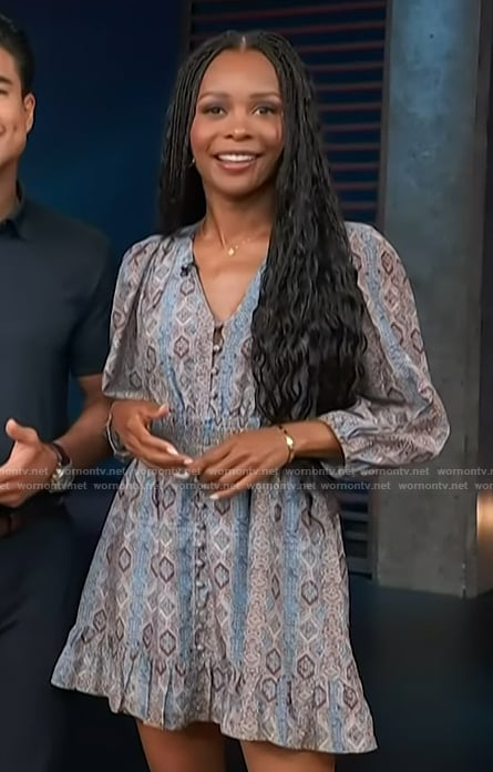 Zuri’s printed v-neck mini dress on Access Hollywood