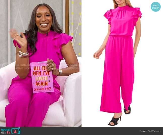 1.State Flutter Sleeve Mock Neck Jumpsuit worn by Christine Pride on Good Morning America