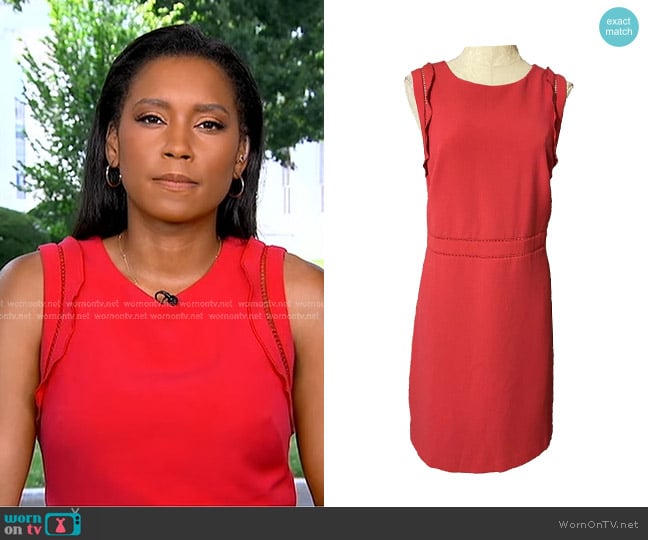 Ann Taylor Ruffled Lace Trim Sheath Dress worn by Rachel Scott on Good Morning America