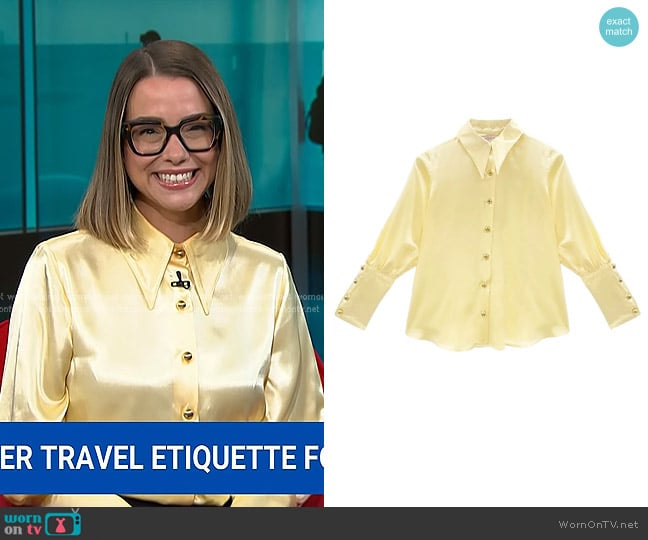 Buru x Old Soul Etiquette Skipper Blouse in Butter Yellow worn by Mariah Grumet Humbert on NBC News Daily