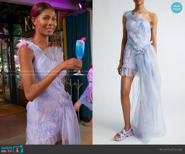 Collina Strada Jazelle One-Shoulder Silk Tulle Minidress in periwinkle plaid worn by Kiki Barth (Kiki Barth) on The Real Housewives of Miami