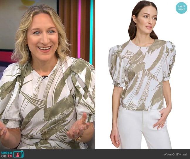DKNY Voile Printed Puff-Shoulder Woven Crewneck Top worn by Lauren Iannotti on CBS Mornings