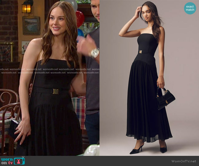 Hutch Carmel Strapless Belted Drop-Waist Maxi Dress worn by Stephanie Johnson (Abigail Klein) on Days of our Lives