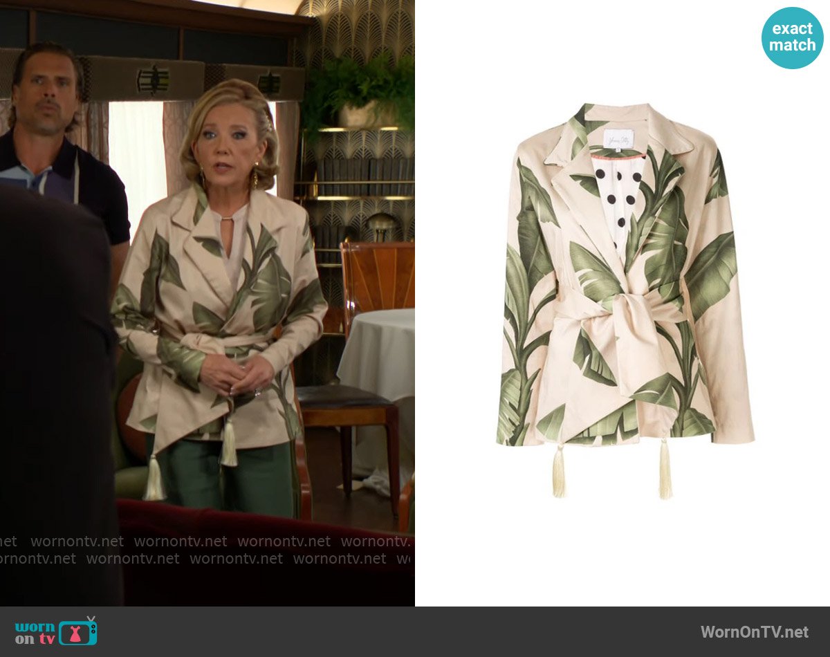 Johanna Ortiz Seriously Tropical Printed Cotton-sateen Blazer worn by Nikki Reed Newman (Melody Thomas-Scott) on The Young and the Restless