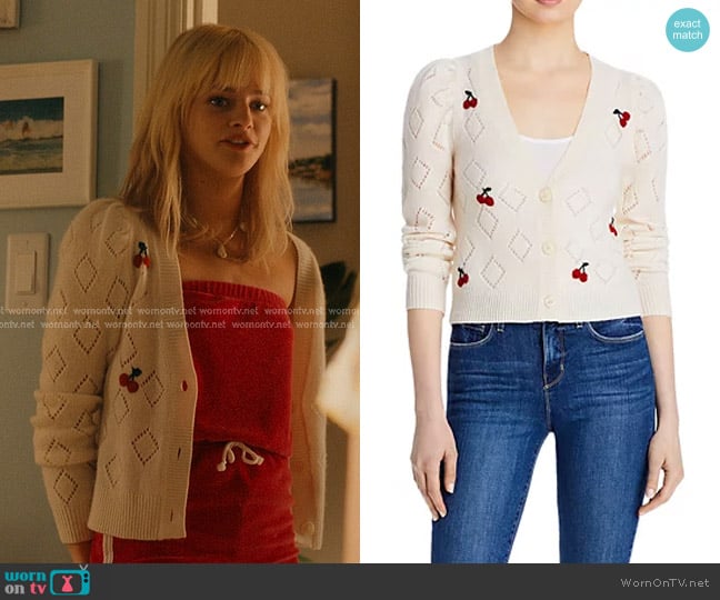 Aqua Cashmere Pointelle Cherry Sweater worn by Mirren Sinclair Sheffield (Esther McGregor) on We Were Liars
