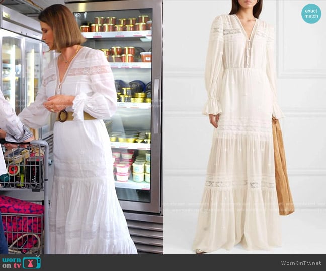 Self Portrait Appliqued Tiered Gauze And Guipure Lace Maxi Dress in Ivory worn by Julia Lemigova (Julia Lemigova) on The Real Housewives of Miami