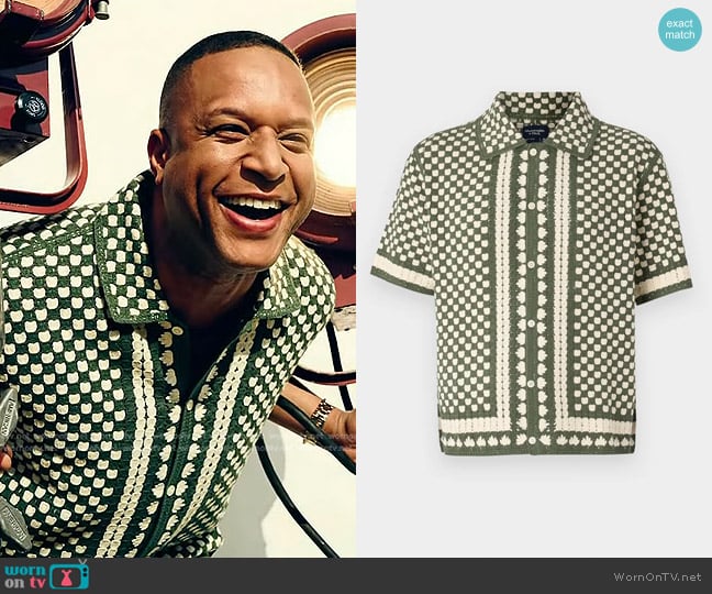 Abercrombie & Fitch Crochet-Style Border Stripe Sweater Polo in thyme / birch worn by Craig Melvin on Today