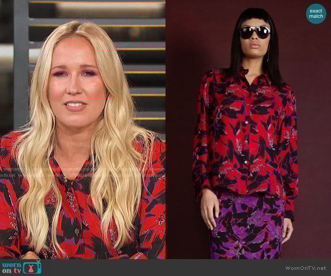 Ace Harper The Jenna Blouse in red and purple worn by Anna Camp on Access Hollywood
