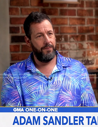 Adam Sandler’s blue leaf print polo and green shorts on Good Morning America