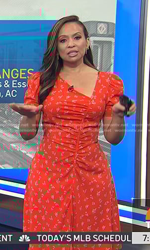 Adelle's red floral asymmetric neck dress on Today