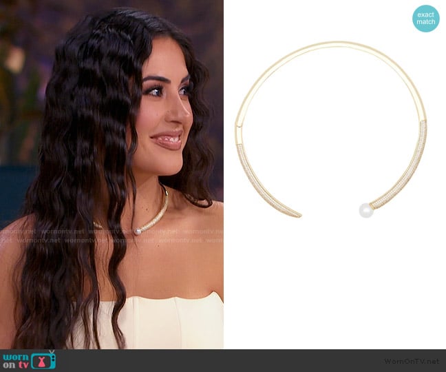 Adina Eden Pave X Pearl Open Collar Choker Necklace worn by Michelle Saniei on The Valley