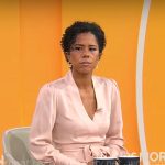 Adriana Diaz’s blush pink satin wrap dress on CBS Mornings