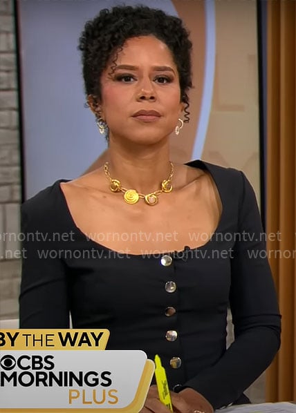 Adriana Diaz's black button-front top on CBS Mornings