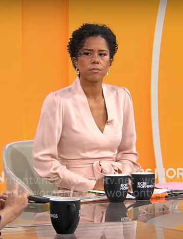 Adriana Diaz’s blush pink satin wrap dress on CBS Mornings