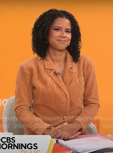 Adriana Diaz’s orange textured suit on CBS Mornings