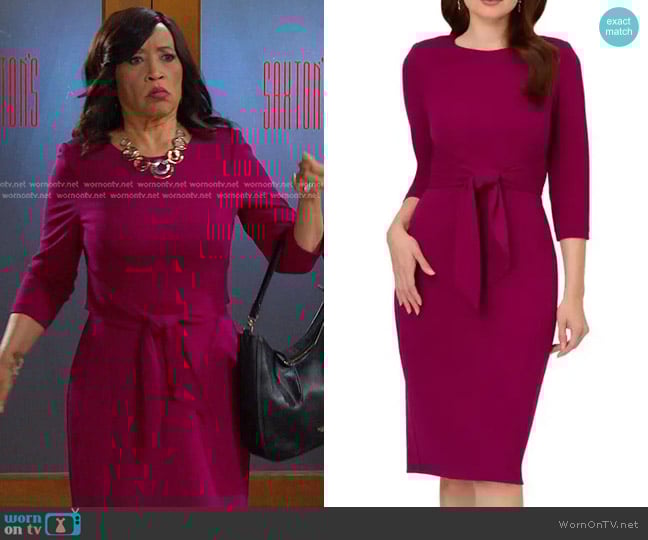 Adrianna Papell Tie Waist Crepe Sheath Dress in Wildberry worn by Paulina Price (Jackée Harry) on Days of our Lives