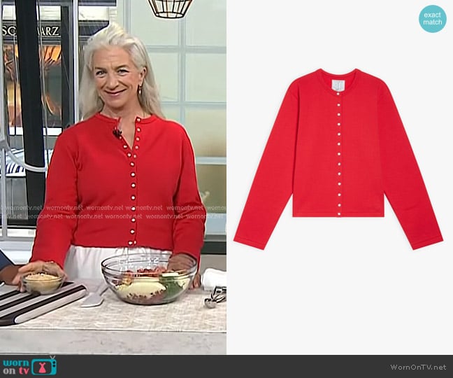 Agnès B Cotton Fleece Snap Cardigan in Red Garance worn by Lucinda Scala Quinn on Today
