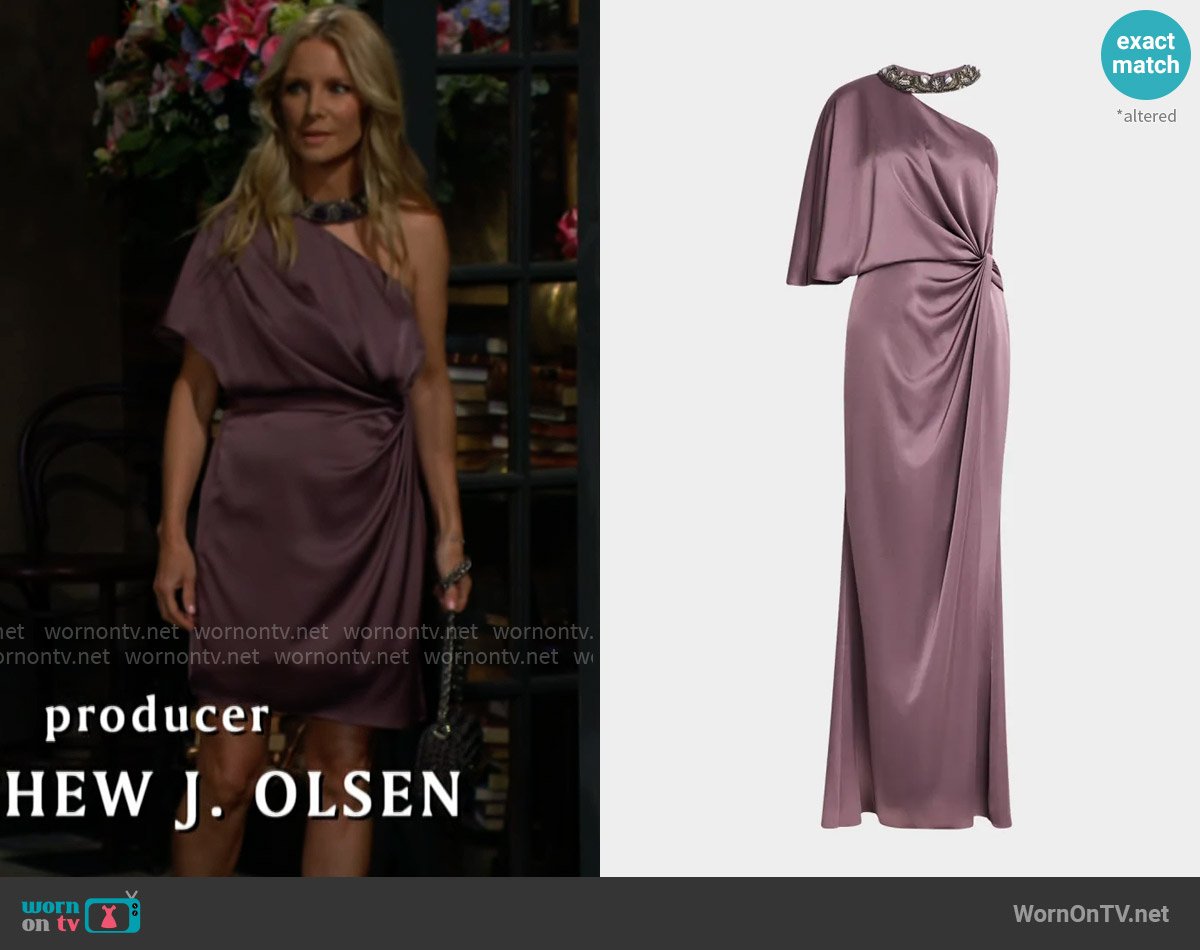 Aidan Mattox Beaded One-Shoulder Twist Gown worn by Christine Blair Williams (Lauralee Bell) on The Young and the Restless
