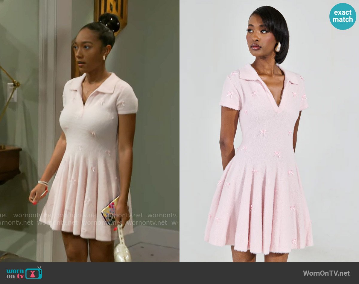 Akira Bow Down Girl Mini Dress in Pink worn by Samantha Richardson (Najah Jackson) on Beyond the Gates