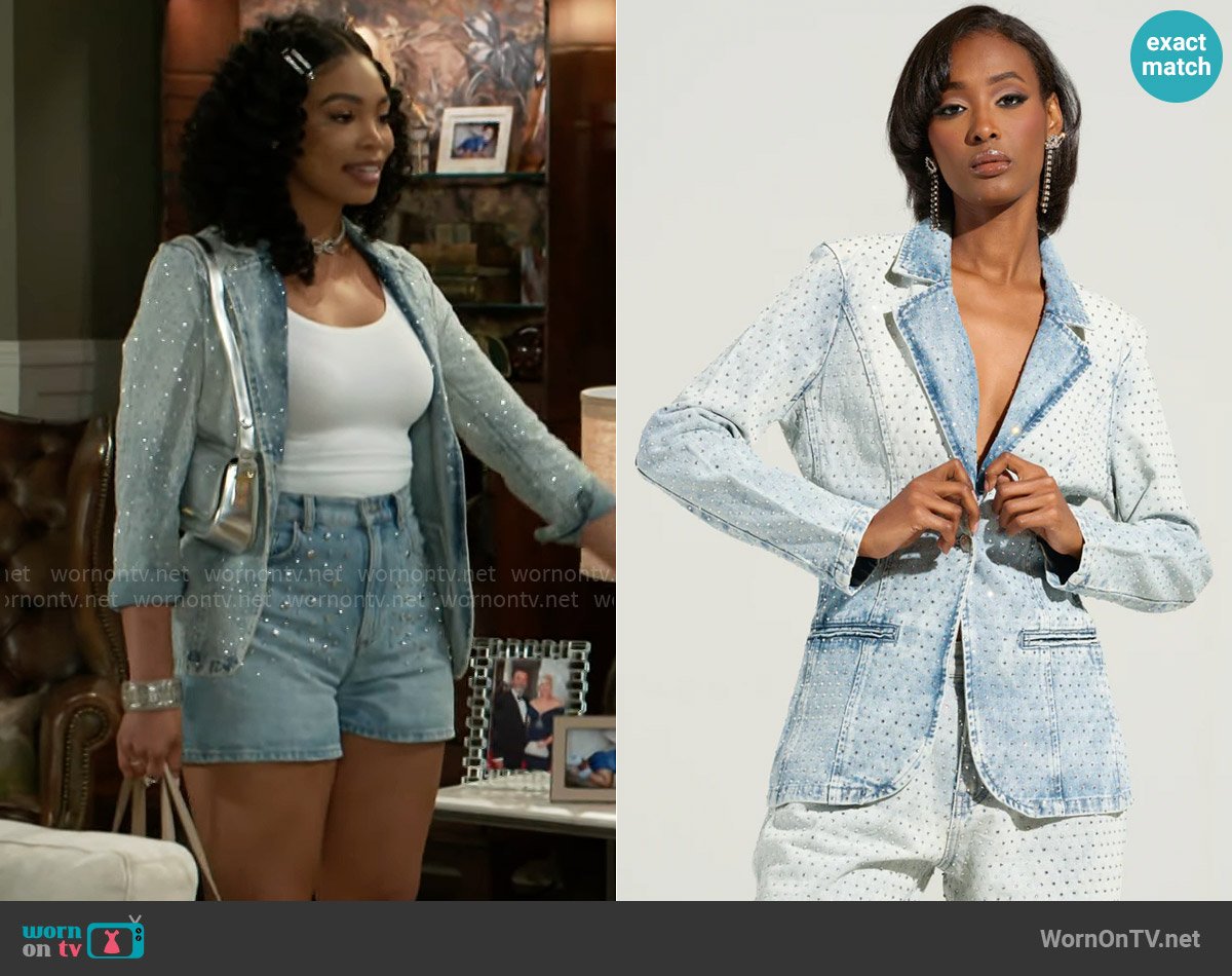 Akira Electric Embellished Denim Blazer worn by Chelsea Hamilton (RhonniRose Mantilla) on Beyond the Gates