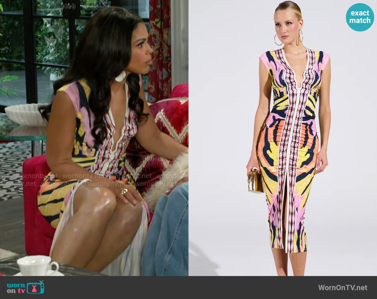 Akira Maria Printed Midi Dress worn by Dani Dupree (Karla Mosley) on Beyond the Gates