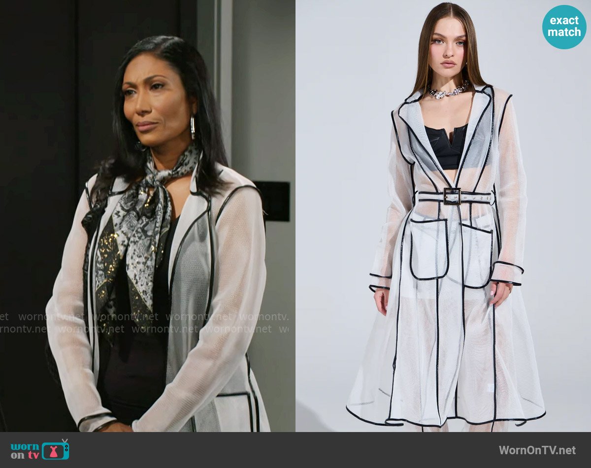 Akira One To Watch Mesh Trench in White worn by Dana 'Leslie' Thomas (Trisha Mann-Grant) on Beyond the Gates